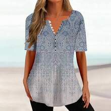 Ceboyel - Camisas Henley con estampado floral para mujer, cuello en V, sexy, casual, de manga corta, blusas elegantes para mujer - Azul #1 - Ver 2