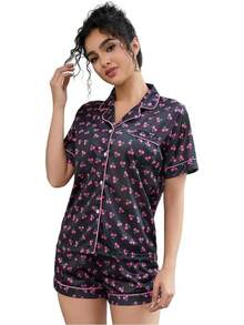 Conjunto de pijama para mujer, cuello con solapa, manga corta, top con bolsillo en el pecho y pantalones cortos con cintura elástica, 2 piezas, ropa de dormir para mujer. - RQ02-Rosa Oscuro - Ver 12