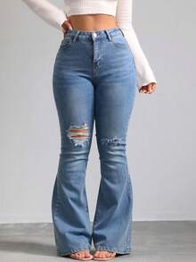 Floor-Length, High-Waisted Flare Trousers With One-Sided Rips At The Knees, High Elasticity, Fitted, Available In Multiple Shades, Retro Flowy Drape - Blue - View 2
