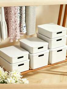 Cream White Plastic Storage Box With Lid And Side Handle, Stackable Multi-Functional Organizer Container, Large Capacity Dust-Proof Sorting Bin, Suitable For Wardrobe, Toys, Cosmetics, Groceries, Snacks, Office Supplies, Bedroom Closet, Bathroom, Kitchen And Home Storage - White - View 5