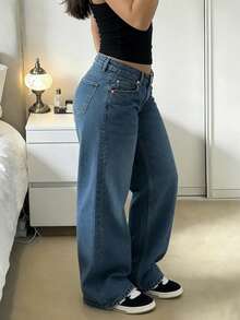 MYOURSA 女款寬鬆低腰寬腿破洞復古牛仔褲，街頭風 Y2K 校園風休閒秋季 - 深色水洗藍 - 查看 4
