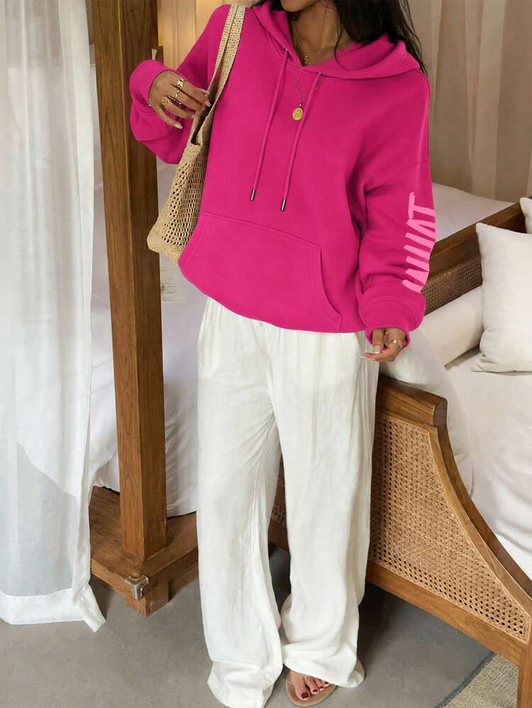 口號字母印花大碼女款休閒秋冬長袖口袋連帽衛衣，適合冬季假期、海灘、度假、秋季、萬聖節、聖誕節、新年，適用日常穿著、外出上衣、郊遊、假期、派對、生日、聚會、學校、音樂節、通勤、健身、婚禮，時尚冬季女款秋季度假上衣 - 玫紅色 - 查看 3
