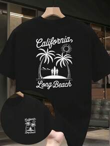 Camiseta de hombre con estampado de palmeras de Long Beach, California, diseño de doble cara, top de manga corta personalizado para uso casual por parte de entusiastas de las vacaciones y el - Negro - Ver 1