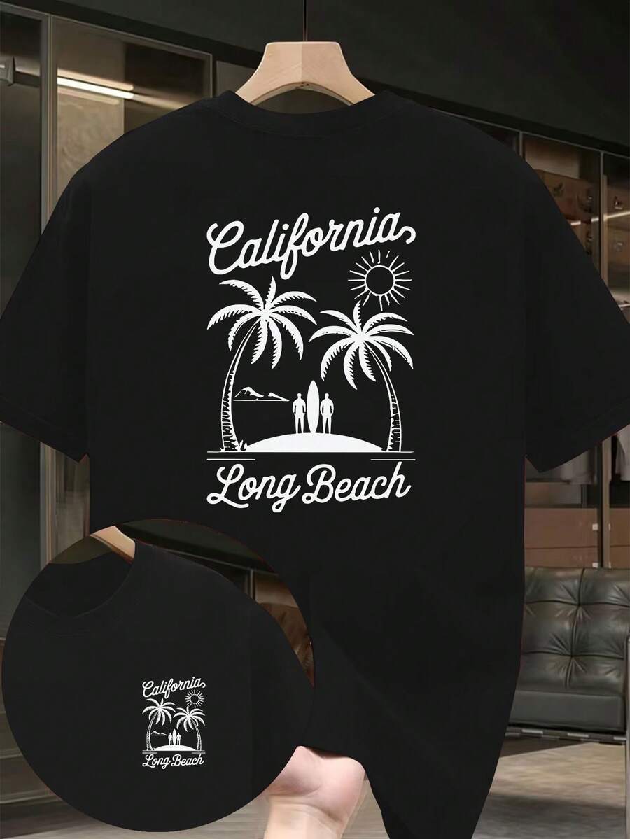 Camiseta de hombre con estampado de palmeras de Long Beach, California, diseño de doble cara, top de manga corta personalizado para uso casual por parte de entusiastas de las vacaciones y el - Negro - Ver 1
