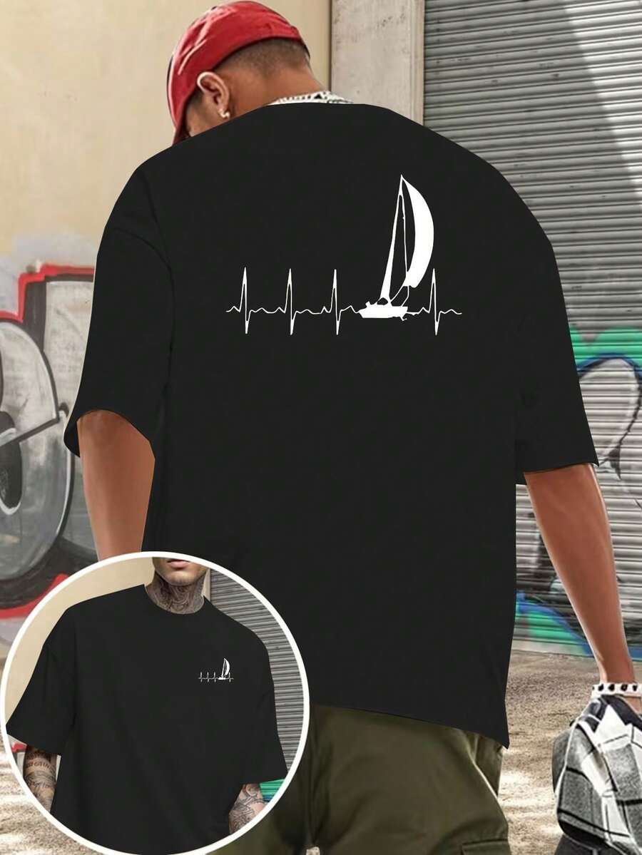 Camiseta de manga corta para hombre con estampado de doble cara, diseño de corazón náutico y línea de latidos del corazón, estilo marinero. - Negro - Ver 1