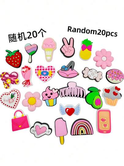 20PCS Random Pink Shoe Charms, Fruit/Heart/Flower Patterns, Soft Durable PVC, Easy Snap, Fits Clogs & Bags, Cute Pink, Great Holiday Gifts