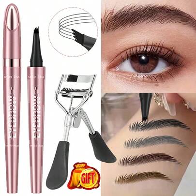 Lápiz de cejas super resistente al agua de 4 puntas con rizador de pestañas, lápiz de cejas de 4 puntas resistente al sudor y a prueba de manchas de larga duración, hebras definidas sin apelmazamiento, lápiz de cejas líquido realista de secado rápido en un solo trazo, crea cejas naturales y salvajes, esencial para principiantes y estudiantes