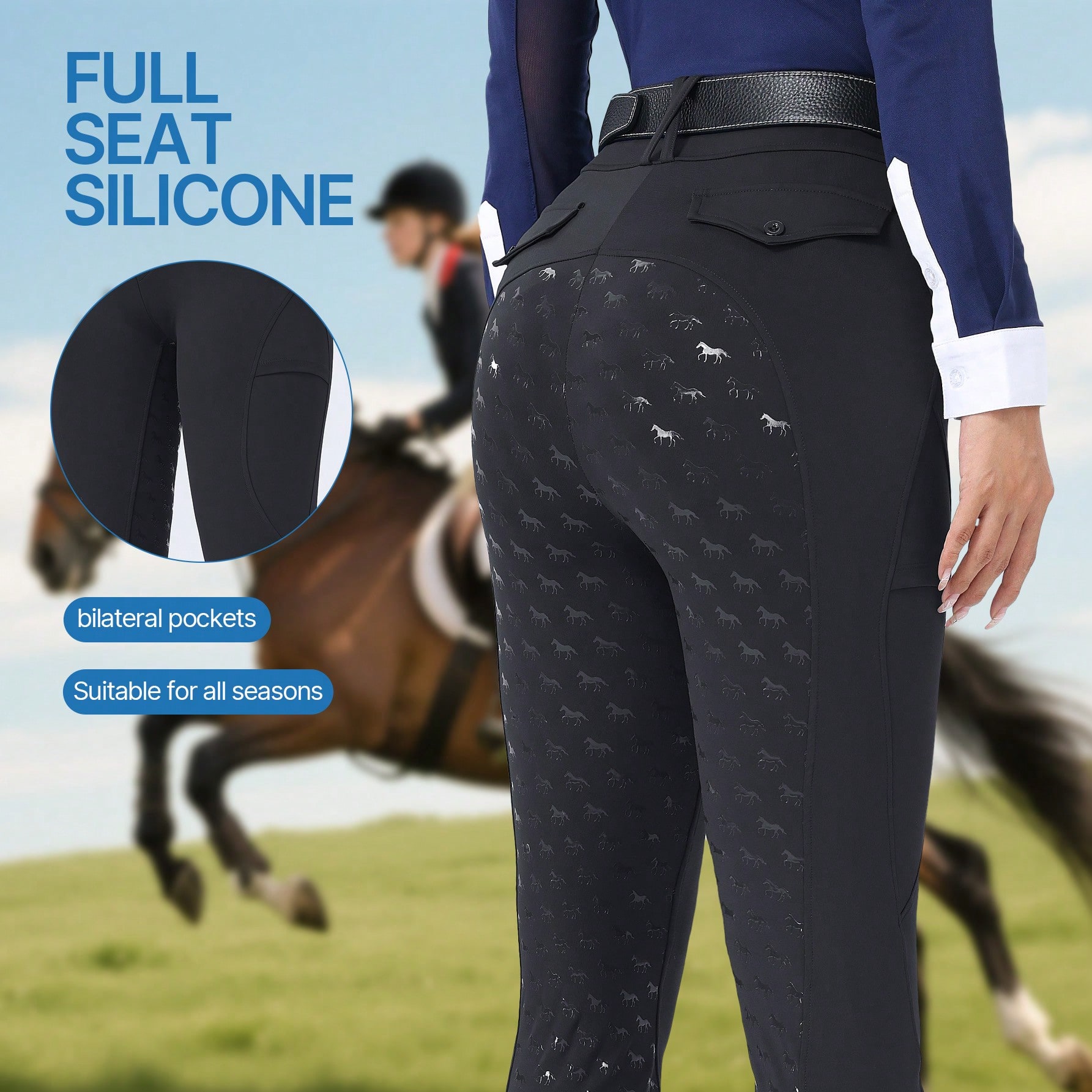 Women's Solid Color Slim Fit Equestrian Pants, Riding Pants With Pockets, Equestrian Competition & Training Gear Sports Black Fall