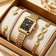 4 pièces/Set Montre classique élégante et minimaliste pour femmes avec bracelet exquis, cadran carré délicat, bracelet réglable, montre à quartz, convient pour un port quotidien, cadeau parfait pour les amies ou la famille - Rose bonbon - Voir 2