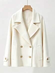 Solid Color Elegant Overcoat With Lapel And Double-Breasted Buttons, Sophisticated Wool Jacket For Commuting - Beige - View 4