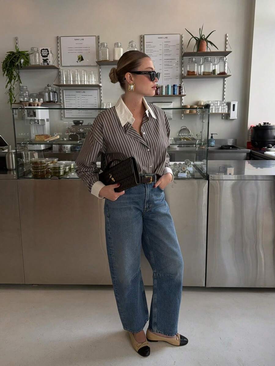 Women's Fashion Business Single-Breasted Striped Long Sleeve Shirt - Grey - View 1