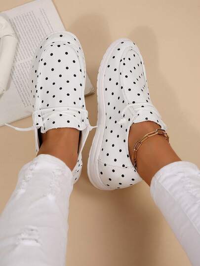 Sepatu Boat Kasual Nyaman Motif Polkadot, Sepatu Ringan dan Longgar untuk Wanita Sepanjang Musim, Model Rendah Sederhana Warna Putih dengan Tali Serut