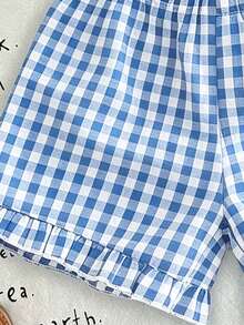Setelan 2pcs Atasan dan Celana Pendek Kotak-kotak Motif Kreatif untuk Anak Perempuan Remaja, Motif Kotak-kotak Kartun Lucu, Cocok untuk Pakaian Sehari-hari Musim Semi/Panas, Musim Kembali ke Sekolah, Liburan Musim Panas, Perjalanan, dan Aktivitas Luar Ruangan - Baby Blue - View 11