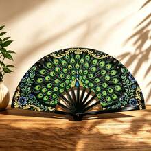 1/3/5pcs Foldable Portable Handheld Fan, Exquisite Peacock Print Pattern With Gold Foil Accents And Blue Floral Design, Premium Smooth Satin Fan Surface, Matte Black Textured Fan Bones, Multi-Scenario Use: Summer Cooling, Home Desktop Decor, Stage Photography Prop, High-End Gift, Suitable For Wedding Favors, Birthdays, Holidays, Anniversaries For Friends And Family - A - View 4