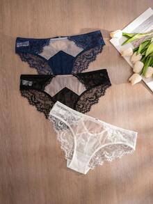 Mystèrelle 3pcs/Pack Women's Lace Patchwork Comfortable Triangle Panties - Multicolor - View 6