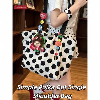 Korean Minimalist Polka Dot Shoulder Bag, Slouchy Student Class & Commute Large Capacity Tote Bag, Reversible Canvas Bag