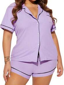 Conjunto de pijama para mujer, cuello con solapa, manga corta, top con bolsillo en el pecho y pantalones cortos con cintura elástica, 2 piezas, ropa de dormir para mujer. - LW41-Morado - Ver 8