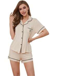 Conjunto de pijama para mujer, cuello con solapa, manga corta, top con bolsillo en el pecho y pantalones cortos con cintura elástica, 2 piezas, ropa de dormir para mujer. - RQ02-Beige - Ver 9