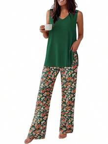 - Conjunto de pijama para mujer, sin mangas, cómodo conjunto de playera sin mangas y pantalones con cuello en V, 2 piezas, S-XXL - Raya gris - Ver 15