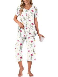 Anyally - Conjunto de pijama de verano para mujer, camisa de manga corta y pantalones capri de 2 piezas, pijama plisado con bolsillos - Malva plisada - Ver 30