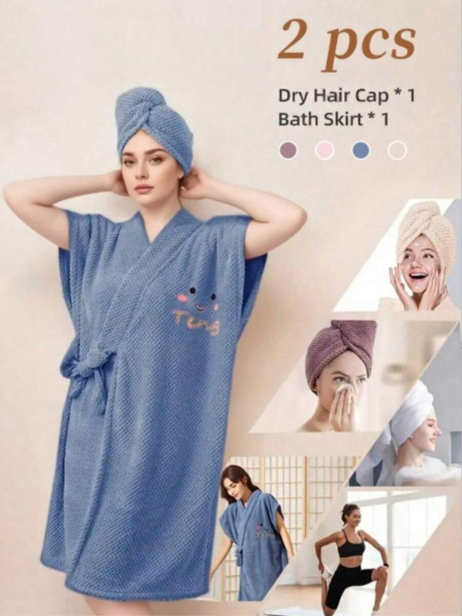 Embroidered Cartoon Short Sleeve SPA Bathrobe With Waist Tie, Adjustable Thick Soft Absorbent Bath Towel And Hair Drying Cap, Suitable For Home, Travel, Sauna, SPA - Multicolor - View 1