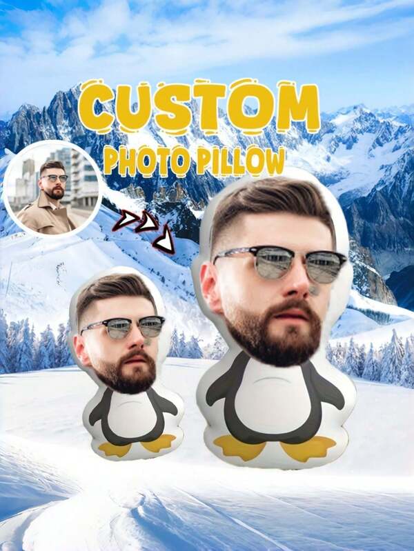 1pc Cute Penguin Style Customized Face Pillow, Can Be Customized With Daily Photos, Suitable For New Year's Day, White Day, Easter, Independence Day, Halloween, Christmas, New Year's Eve, Australia Day, Suitable For Various Overseas Festival Gift Scenarios, Conveying Exclusive Heartfelt Wishes