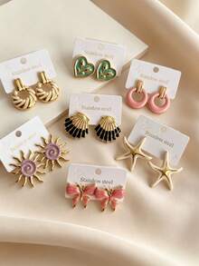 14pcs 7 Pairs Multi-Functional Beach Style Stainless Steel Women's Earrings, Women's Jewelry With Round Shell And Starfish Decoration, Gold Accents, Waterproof And Lightweight, Perfect For Beach, Swimming Pool And Daily Wear, Essential For Summer Music Festivals And Concerts (Random Set) - Multicolor - View 2