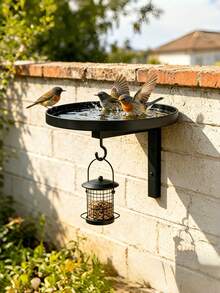 1pc Black Metal Wall-Mounted Bird Bath & Feeder Combo, Outdoor Hanging Bird Water Tray With Hook, Suitable For Garden And Yard - A - View 2