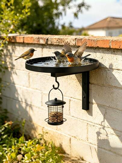 1pc Black Metal Wall-Mounted Bird Bath & Feeder Combo, Outdoor Hanging Bird Water Tray With Hook, Suitable For Garden And Yard
