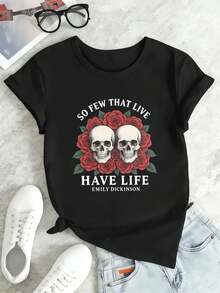 Camiseta de mujer con estampado de calavera y rosa, informal, de algodón suave, estilo hip-hop urbano, cómoda, resistente, con estampado gráfico único. - Negro - Ver 2