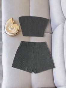 Women's Summer Elegant Strapless Top & Fitted Casual Shorts Knit Slightly Elastic Set For Party And Gym - Dark Grey - View 2