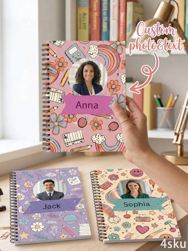 1 peça Caderno Espiral Personalizado com Foto e Texto, Diário Doodle Floral Arco-Íris Personalizado, Caderno Personalizado para Regresso às Aulas e Presente de Escritório