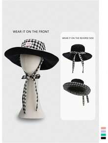 Mũ xô vành rộng họa tiết caro vintage phối màu tương phản kiểu patchwork, mũ chống nắng du lịch phong cách boho cho kỳ nghỉ xuân/hè, phối màu đơn sắc nổi bật, có dây buộc, chống tia UV, đi học - Nhiều màu - Xem 15