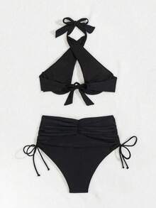 Swim Vcay Conjunto de bikini de verano para mujer 2026 de unicolor con escote halter y recortes sexy con aros, traje de baño - Negro - Ver 6