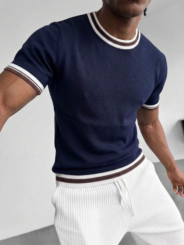 ZYNTH BALENO Men's Summer Fashion Contrast Color Round Neck Slim Fit Short Sleeve Sweater, Essential For Summer Sports