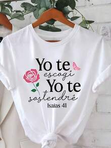 Camiseta de Cuello Redondo para Mujer con Texto en Español, Corte Casual, Alta Elasticidad, Lavable a Máquina, Versátil para Primavera, Verano y Otoño, ropa de mujer - Blanco - Ver 1