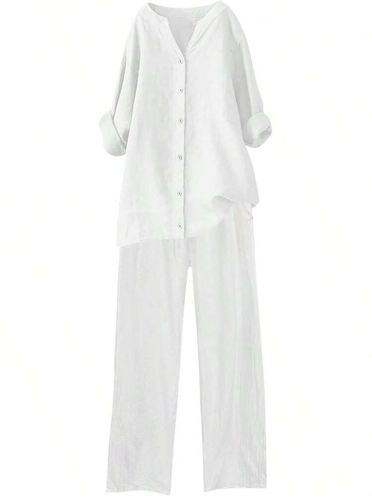 onjunto de verano de 2 piezas para mujer, tallas grandes, conjuntos de lino de algodón, cuello en V, blusa abotonada, camisetas de gran tamaño, camisetas de manga larga y pantalones casuales - Blanco#01 - Añade 2
