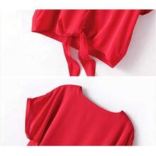 Camisa de verano de manga corta con botones de seda para mujer, con cuello en V, color liso, para oficina y dama, blusa casual - Rojo - - Ver 6