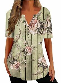 Ceboyel - Camisas Henley con estampado floral para mujer, cuello en V, sexy, casual, de manga corta, blusas elegantes para mujer - Blanco #19 - Ver 30