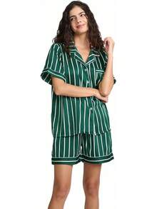 YiNi LuLu - Conjunto de pijama de satén de seda para mujer, 2 piezas, pijama de manga corta, de gran tamaño, con bolsillos - Vida pastoral - Ver 27