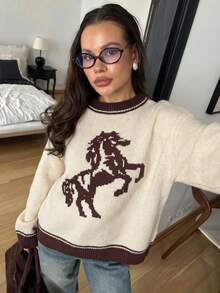 Women's Autumn/Winter Fashion Street Style Vintage Contrast Color Horse Pattern Knit Sweater - Mika - View 3