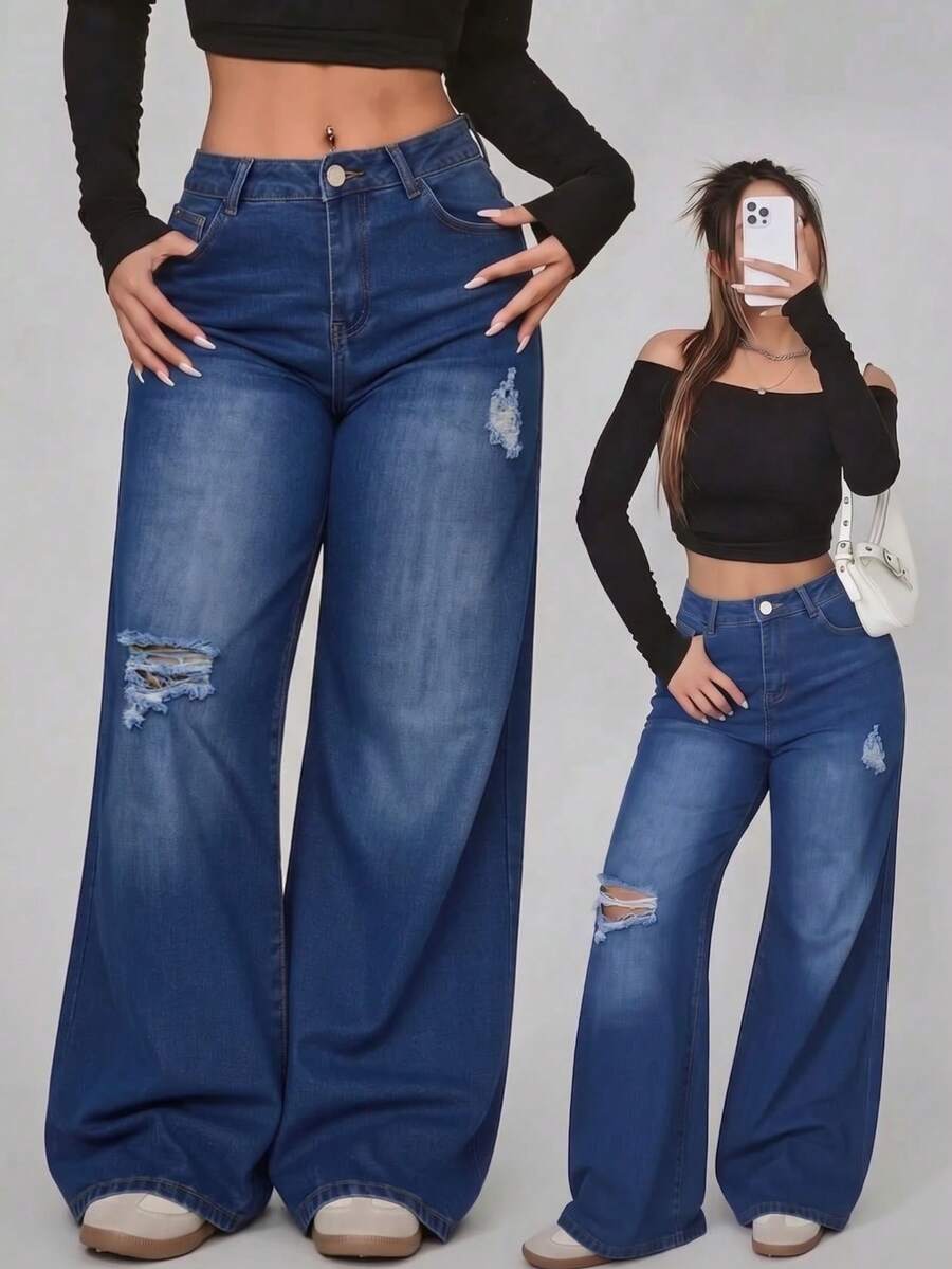 Jeans Rectos de Mezclilla Azul Lavado con Roturas - Azul lavado medio - Ver 1