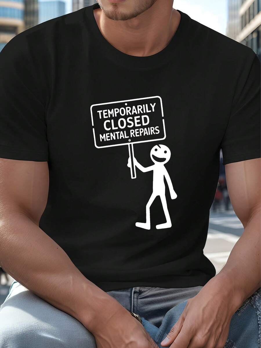 Camiseta de poliéster para hombre - Casual, transpirable, de manga corta para verano, con estampado geométrico y gráfico humorístico de "Temporalmente Cerrado" para adultos. - Negro - Ver 1