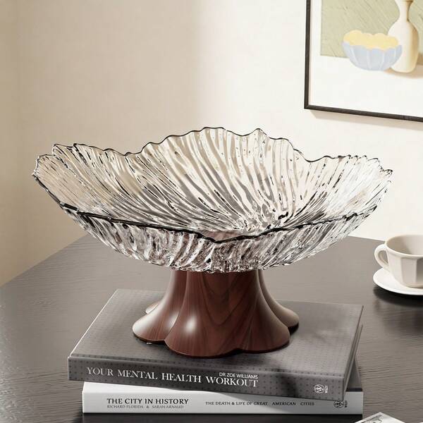 Cuenco de frutas con forma de pétalo ondulado moderno con base estable de madera falsa, bandeja de servicio decorativa de gran capacidad para frutas, aperitivos, dulces, elegante acento para encimera de cocina y mesa de comedor, disponible en múltiples colores, material y fácil de limpiar
