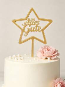3pcs Gold Mirror Acrylic Alles Gute Cake Topper With Hollow Five-Pointed Star Frame, Elegant German Cursive Script Letter With Stick For Cake Top Decoration, German Birthday & Holiday Party, European Celebration Cake Decor Supplies - B - View 5