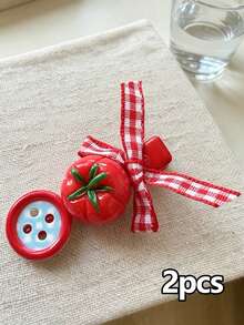 2pcs Button Tomato Plaid Bow Hair Clips, Sweet Girl Side Bangs Clip, Cute Versatile Alligator Hair Clips,Claw Clips - Multicolor - View 9