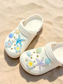 12pcs Ocean Series Blue Tone Clog Shoe Charms, Starfish Shell Shoe Accessories, Removable Conch Shell Decorations For Beach Shoes DIY Decor Buckles - Blue and White Starfish - View 2