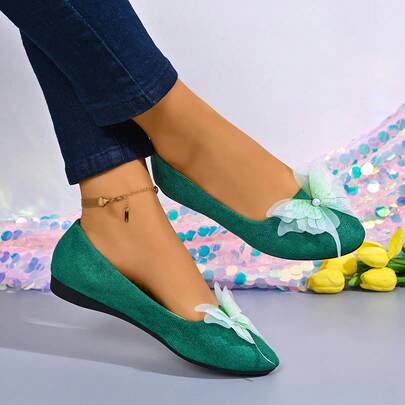 Women's Fashionable Comfortable Bowknot Solid Color Round Toe Low Vamp Flat Heel/Flat Bottom Flats/Ballerina Shoes Sweet/Elegant/Fairy Style Young Women Dating/Shopping Spring/Autumn Green Matte/Suede Flat Shoes