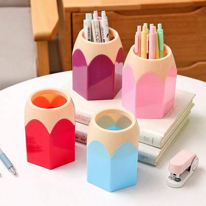 3pcs, (1 Pen Holder + 2 Stickers, Random Style), Plastic Desktop Storage Creative Round Student Stationery Large Capacity Luxury High-End Storage Box Pen Holder Back To School Gift