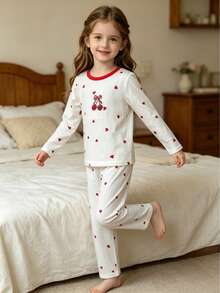 Girls Long Sleeve Crew Neck Pajama Set, Spring/Autumn Burgundy Cherry & Heart Print Contrast Red Collar Loose Straight Leg Pants, 2 Pieces Home Wear - Champagne - View 5